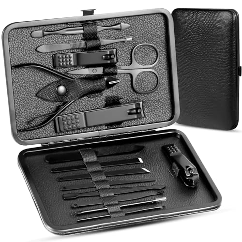 Manicure Pedicure Kit Nail Clippers Set Fingernails & Toenails Vibrissac Scissor 5 Pieces Best Care Tools for Man & Women with Travel Case (Gray/Black_A) (Dark 15 Pieces) - color: Dark 15 Pieces