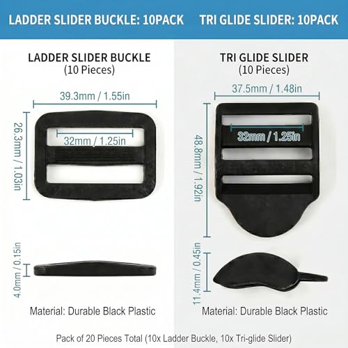 Ladder Lock Tri Glide Slide - Adjustable Strap Clips for Backpack/Gear Straps - Fits 3/4",1",1-1/4",1-1/2",2" Webbing - color: 10-pack for 1-1/4" Webbing