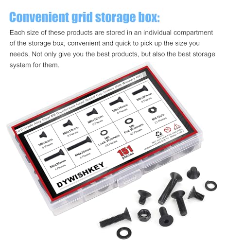 DYWISHKEY 151 Pieces M6 Black Screws, 10.9 Grade Alloy Steel M6x 8/10 /12/16 /20/25 /30mm Countersunk Head Socket Cap Screws Bolts Nuts Washers Assortment Kit - size: M6, style: Countersunk Head Socket Cap