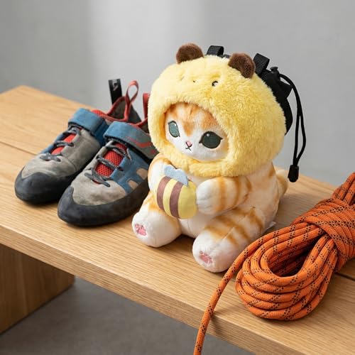 Cat Rock Climbing Chalk Bag, Fun Plush Animal Chalk Pouch with Drawstring, Adjustable Waist Belt for Indoor Outdoor Bouldering Sport Climbing - style: Small Bee Cat