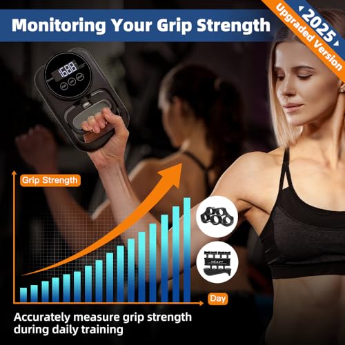 Grip Strength Tester Hand Gripper - Grip Strength Trainer Hand Dynamometer Handheld Meter LED Display Comfortable 265 Lbs / 120 Kgs Finger Strengthener for Sports Home School Gym Use - color: Black