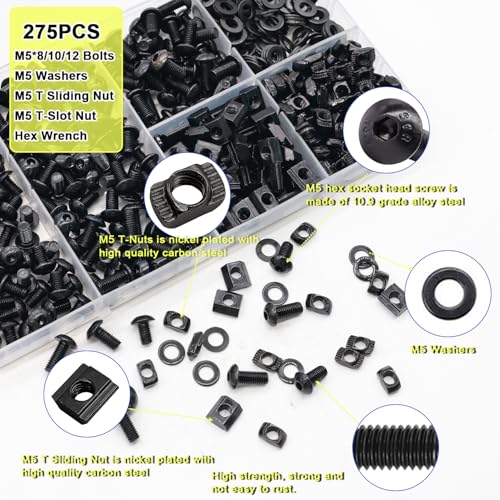 Taiss 275PCS M5 T-Nuts and Bolts Kit for 2020 Aluminum Extrusion Hardware,T Sliding Nut,T-Slot Nut,M5x8/10/12mm Hexagon Socket Screws and Washers with Hex Wrench - size: 275PCS M5 T-Nuts Screw Kit