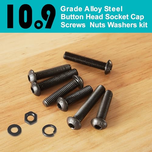 200 PCS M5 x 30mm 35mm 40mm 45mm 50mm, Button Head Socket Cap Screws Bolts Washers Nuts Assortment Kit, 10.9 Grade Alloy Steel, Black Oxide Finish, Metric Allen Hex Drive - size: Button M5x30/35/40/45/50 mm