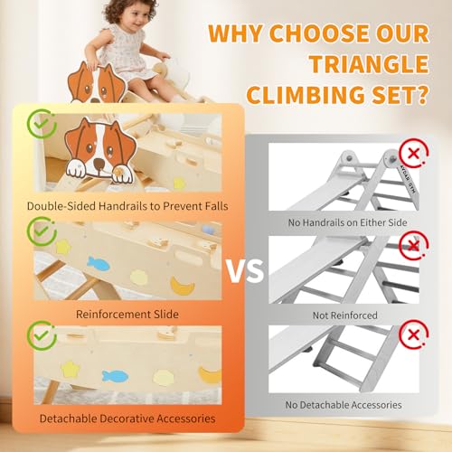 Takywep Pikler Triangle Set, 7-in-1 Foldable Pikler Triangle Climbing Toys Set with Arch & Ramp & Ladder, Indoor Playground Gym, Wooden Montessor Climbing Set for Kids Toddler - color: Brown-dog