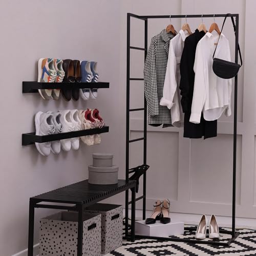 Wenqik 2 Pcs Wall Mounted Wooden Shoe Rack 30 Inch Rustic Wood Wall Hanging Shoe Rack Space Saving Footwear Holder Shoes Storage Organizer for Mudroom, Entryway, Closet (Black) - color: Black