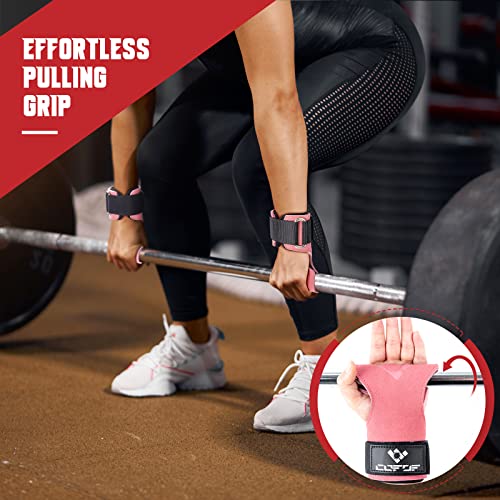 COFOF Weight Lifting Wrist Strap, Double Layer Leather Wrist Strap for Deadlift and Powerlifting, Adjustable Neoprene Padded Gym Workout Lifting Hooks (Pair) - color: Pink