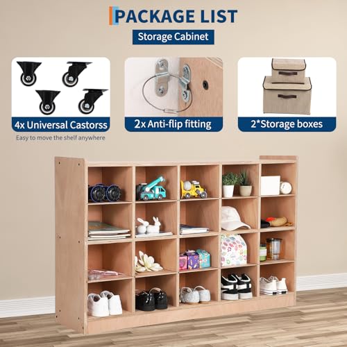 Garvee Mobile Storage Cabinet,Storage Block Cubby with 5 Anti-Flip Fittings, 4 Castors and 2 Boxes for Home, School, Kindergarten, Natural - size: 20 Cubbies