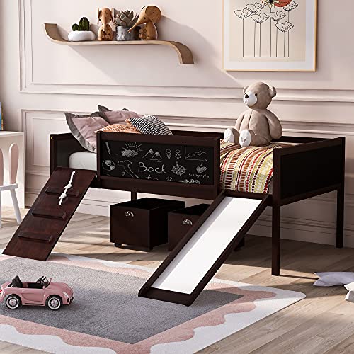 Twin Size Low Loft Bed with Climbing Rope and Double-Sided Chalkboard, Kid's Play Bed with Two Toy Storage Boxes for Bedroom (Espresso)