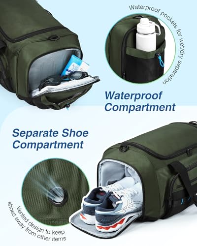 BAGSMART Gym Bag for Men & Women, Sports Travel Duffel Bag Carry-on Bag, Lightweight Weekend Overnight Bag with Shoe Compartment & Wet Pocket, Water-resistant Workout Duffle Bag for Travel Gym -Green | With Shoe Compartment & Wet Pocket, 22L/30L/38L Tacti