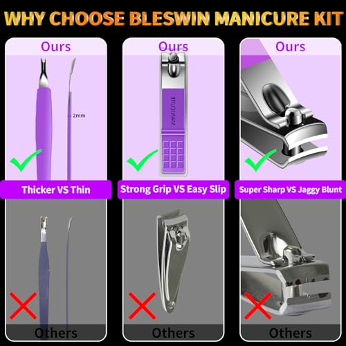 Manicure Set 16Pcs Professional Stainless Steel Pedicure Kit Mens Grooming Kit Fingernail & Toenail Clippers Set Manicure Kit with Luxurious Travel Bag, Sharp Nail Scissors and Clipper (Purple) - color: 16Pcs-Purple