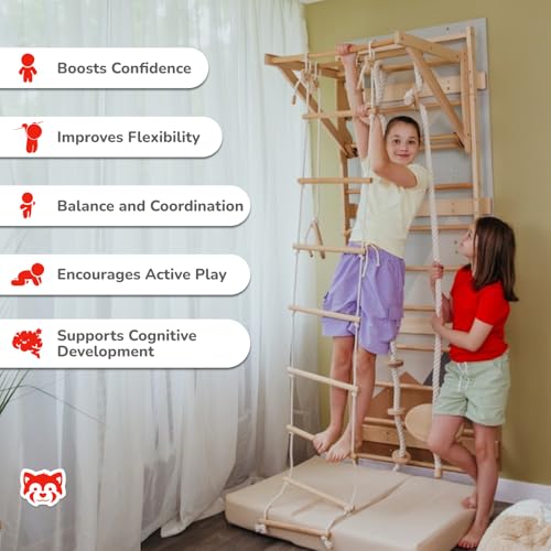 Wood And Hearts Indoor Swedish Ladder Wall Gym for Kids Active Play - Adjustable Pull-Up Bar with Rope Accessories & Decorative Panels (Climbing Module 1, 4in1 Rope Bundle) - size: Climbing Module 1