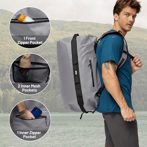 MIER Large Waterproof Duffel Bag - 60L/80L Dry Bag Backpack | Detachable Backpack Straps; Multi-Pockets; Roll-Top with Hook-and-Loop Closure; Motorcycle, Kayaking, Gym, Beach, Boating - color: Gray, size: 80L