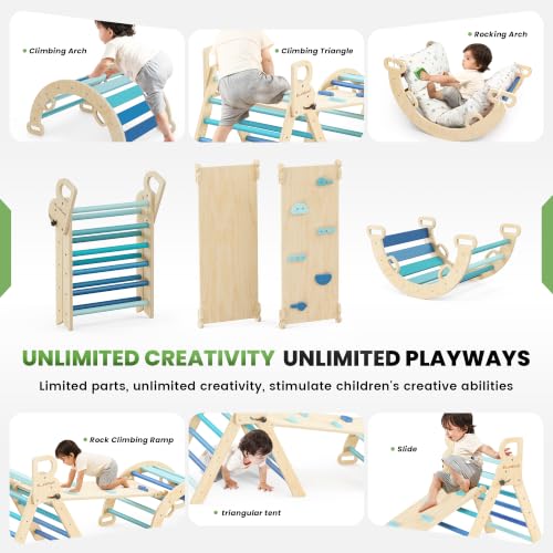 BlueWood Pikler Triangle Set with Cushion, Wooden Climbing Toys for Toddler | Foldable 8-in-1 Montessori Philosophy Toddler Climbing Toys Indoor with Reversible Ramp, Arch and Ladder - Sky Blue - color: Sky Blue