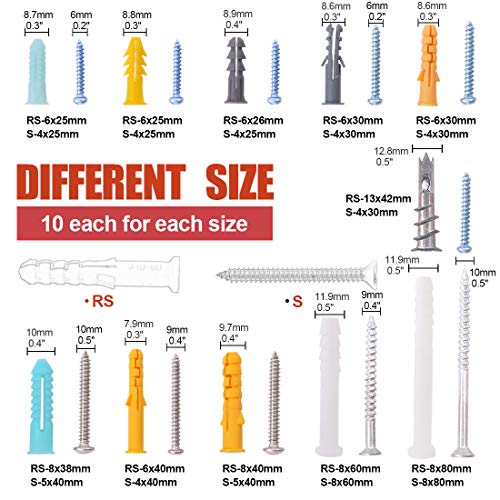 Hilitchi 220-Pieces Zinc and Plastic Self Drilling Drywall Anchors with Phillips Pan head Self Tapping Screws Assortment Kit