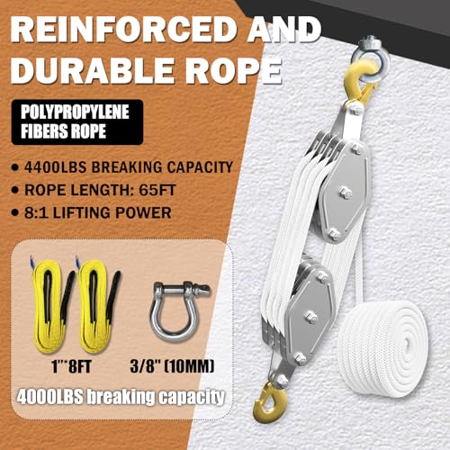 YATOINTO Rope Pulley Hoist 4400 LB, Pulley Block with 3/8" Shackle and 2PCS Lift Sling, 8:1 Lifting Power Block and Tackle Pulley System, 65ft Heavy Duty Rope Hoist for Garage Warehouse Constructions - color: White, size: UPGRADED-4wheels+2lift sling&1sha
