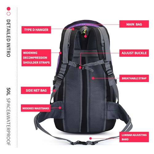 Bseash 50L Hiking Backpack, Water Resistant Lightweight Outdoor Sport Daypack Travel Bag for Camping Climbing Skiing Cycling (Purple - No Shoe Compartment) - color: Purple - No Shoe Compartment