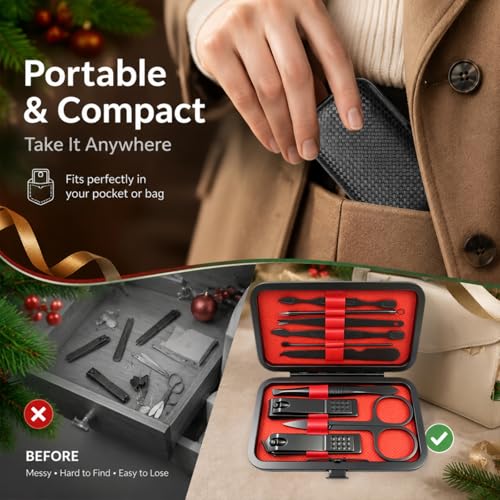 10-Pc Manicure Set, Stocking Stuffers for Men, Gift Ideal for Teen Boy | Precision Grooming Tools Tackle Fingernail, Toenail, and Cuticle Care, Christmas Choice for Boyfriend, Husband - color: Black