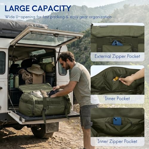 Haimont Heavy Duty Convertible Travel Duffel Backpack, Army Green, 60L | Shoe Compartment, Water-Resistant Tarpaulin, Wide U-Shaped Opening - color: Green, size: 60L