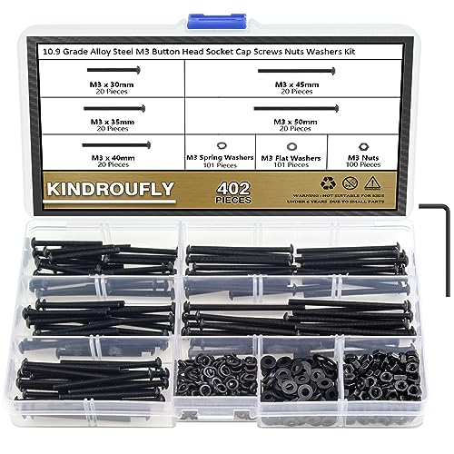 402 Pieces Black M3 x 30/35 /40/45 /50 mm Button Head Socket Cap Screws Nuts Washers Assortment Kit, 10.9 Grade Alloy Steel - size: M3 x 30/35/40/45/50mm, style: Button Head