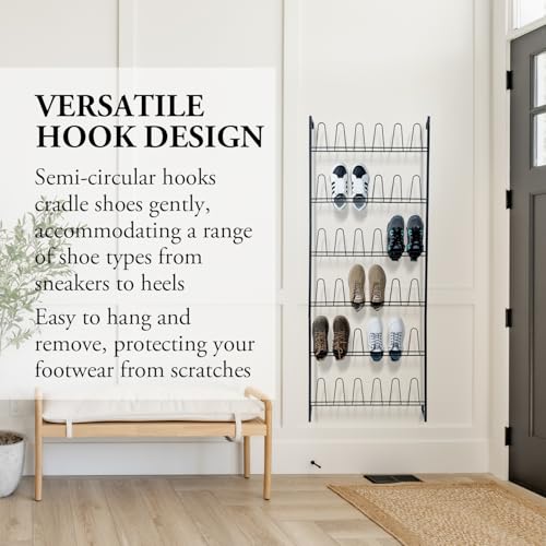 MyGift 70 Inch Black Metal Wall Mounted Shoe Rack with 36 Hooks | Holds 18 Pairs, Efficient Vertical Design, 36 Hanging Points, Slim Profile, Small Space Solution, Easy Access Setup - color: Black (6 Tier, 18 Pairs)