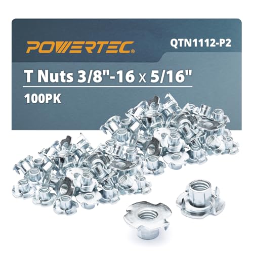 POWERTEC 3/8"-16 T Nuts, 100 Pack | 4 Pronged Tee Nuts for Bolts and Stem Caster Wheels, Threaded Inserts for Woodworking, Rock Climbing Holds and Furniture | 5/16" Length (QTN1112-P2) - size: 5/16", style: 3/8"-16