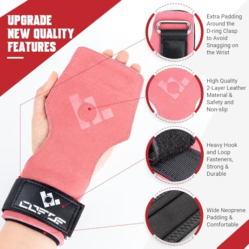 COFOF Weight Lifting Wrist Strap, Double Layer Leather Wrist Strap for Deadlift and Powerlifting, Adjustable Neoprene Padded Gym Workout Lifting Hooks (Pair) - color: Pink