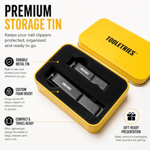 TOOLETRIES Premium Nail Clipper Kit with Travel Tin - Black | Premium grooming kit featuring stainless steel finger & toenail clippers in a reusable tin: for home, travel & gifting.
