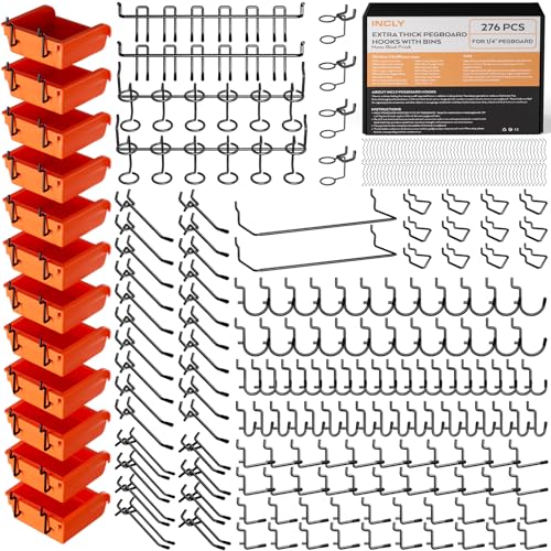 INCLY 276PCS Pegboard Accessories Organizer Kit for 1/4 Inch Pegboard | Extra Thick, Heavy Duty, Pegboard Hooks with Bins & Paper Towel Holder, Peg Board Hooks, For Garage Wall Hanging Tools - size: 276PCS