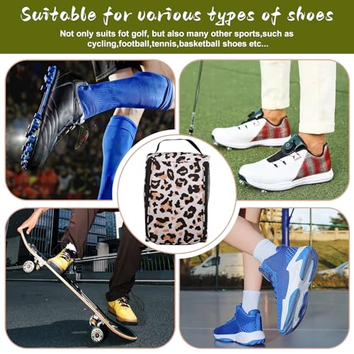 Golf Shoe Bag, Outdoor Zipper Sports Shoe Strap Bag with Air Mesh Ventilation, Durable Waterproof Golf Shoe Carry Bags with Sturdy Handle for Gym, Soccer, Running & Suitcase Packing (Leopard Print) - color: Brown Leopard