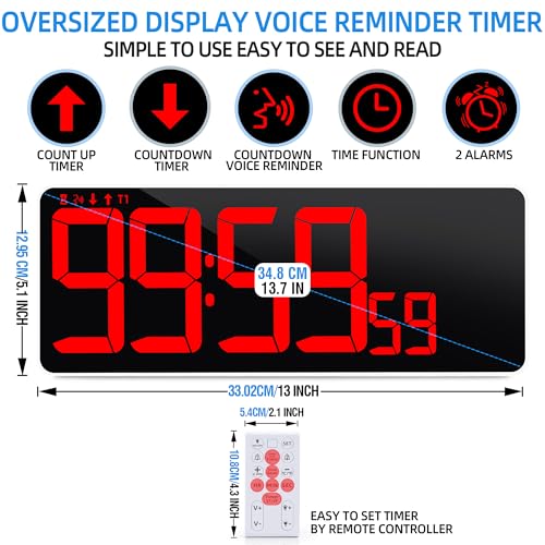 13.7”Digital Timer Large LED Screen displays（5'' Number）,The Date time, Remote Control, Turn on/Off 10 Seconds Countdown Voice Notification, for Chefs,Students, Children, Seniors - color: 13.7'' Red+remote