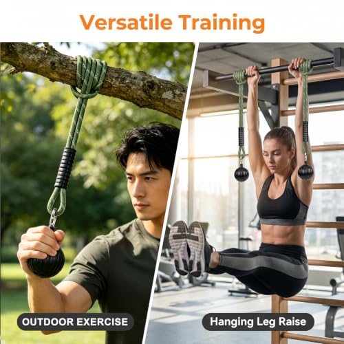 Pull Up Power Balls, Non-Slip Rock Climbing Grips, 40 Inch Rope Hand Exerciser for Chin Up Bar, Kettlebell, Barbell, Home Fitness Training