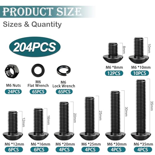 mxuteuk 204PCS M6 Screws,M6x8/10/12/16/20/25/30/35mm Hex Button Head Cap Bolts with Nuts & Washers,10.9 Grade Alloy Steel Black Zinc Screws Assortment Kit for 3D Printing,DIY - size: 204PCS M6, style: Hex Socket Button Head
