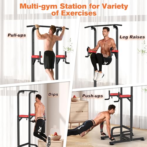 RELIFE REBUILD YOUR LIFE Power Tower Pull Up Bar Station Workout Dip Station for Home Gym Strength Training Fitness Equipment - color: RED