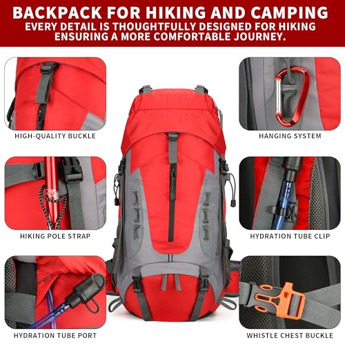 75L Hiking Backpack with Rain Cover Waterproof Camping Backpack Shoes Warehouse for Men Women, Frameless - color: Red, size: 60L