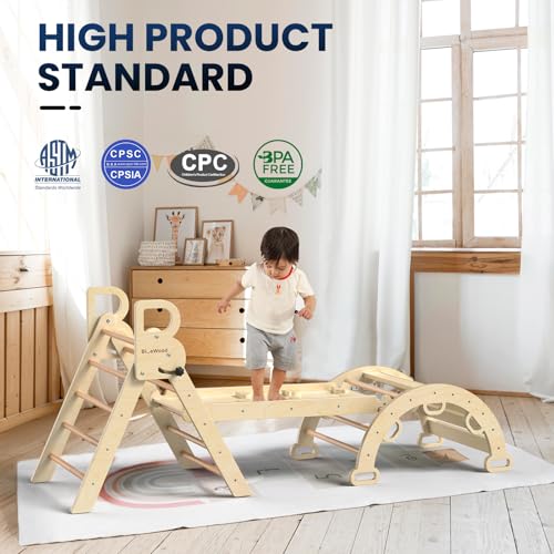 BlueWood Pikler Triangle Set with Safe Handle, Climbing Toys for 1-3 Year | Foldable 7-in-1 Montessori Toddler Climbing Toys Indoor, Wooden Pickler Climbing Set, Baby Jungle Gym & Playground, Natural - color: Natural Wood