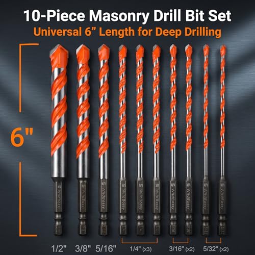 Concrete Carbide Drill Bits Hex Shank Masonry Cement Tile Drill Bit Set for Glass, Brick, Plastic, Cement and Tile, 5/32"-1/2" (10PCS) - size: 5/32"-1/2"