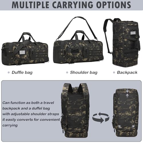 50L Tactical Gym Bag for Men and Women with Shoe & Laptop Compartment | Extra Large Duffle Bag, 3-in-1 Travel Sports Duffel Bags MOLLE Weekender Overnight Bag for Gym, Travel, Black CM - color: Black CM