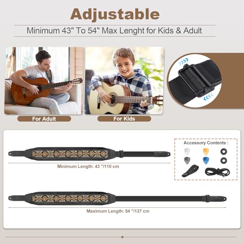 Bass Guitar Strap, Jacquard Embroidery Guitar Strap with Head Cowhide Leather End for Bass, Electric & Acoustic Guitars, Come with Complete Accessories, Comfortable and Intimate, Elegant Yellow Flower - color: Elegant Yellow Flower
