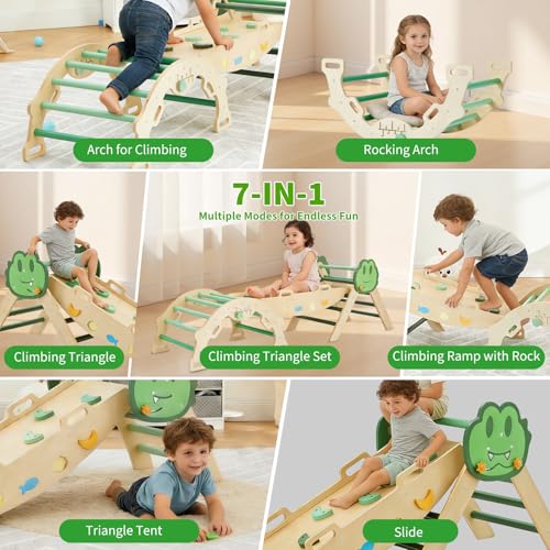 Takywep Pikler Triangle Set, 7-in-1 Foldable Pikler Triangle Climbing Toys Set with Arch & Ramp & Ladder, Indoor Playground Gym, Wooden Montessor Climbing Set for Kids Toddler - color: Green-frog
