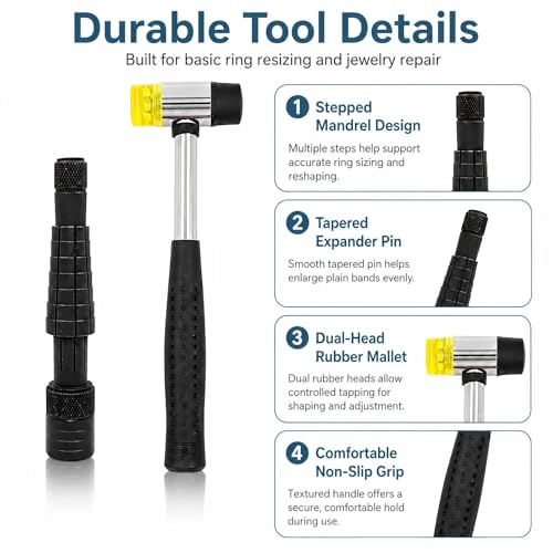 Ring Stretcher Finger Wedding Band Sizers- Dual Head Plastic and Rubber Hammer Metal Mallet for Jewelers