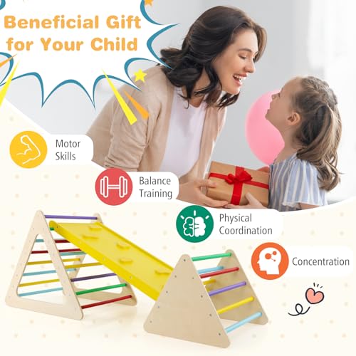 HONEY JOY Pikler Triangle Set, 5 in 1 Montessori Wooden Triangle Climber w/ 2 Stackable Ladders & Climbing Ramp, 3-Piece Baby Indoor Playground Jungle Gym, Climbing Toy for Toddlers, Colorful - style: 5 In 1 Yellow
