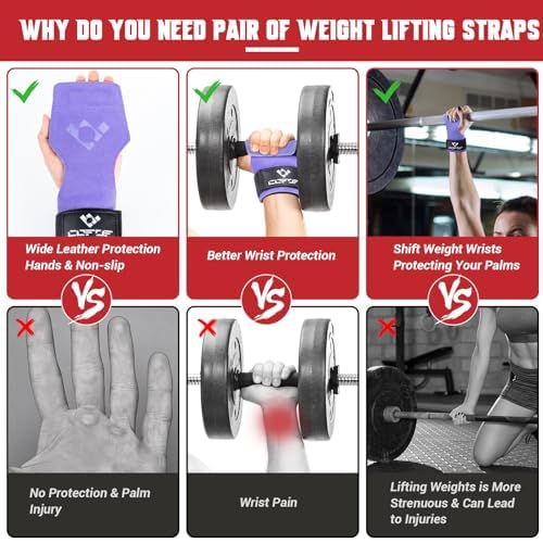 COFOF Weight Lifting Wrist Strap, Double Layer Leather Wrist Strap for Deadlift and Powerlifting, Adjustable Neoprene Padded Gym Workout Lifting Hooks (Pair) - color: Purple