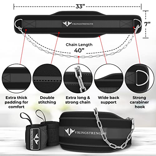 Vikingstrength Dip Belt for Weight Lifting Including Wrist Wraps. Premium Padded Dips Belt with Long Chain for Pullups Triceps Weighted belt for Workout Powerlifting + V-Strength Workout App
