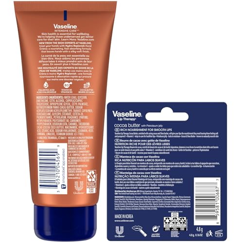 Vaseline Hand Cream 2-Pack – Hydra Replenish Crème with Hyaluronic Acid, Niacinamide & Cocoa Butter for Soft Skin + Cocoa Butter Lip Therapy Tube with Petroleum Jelly