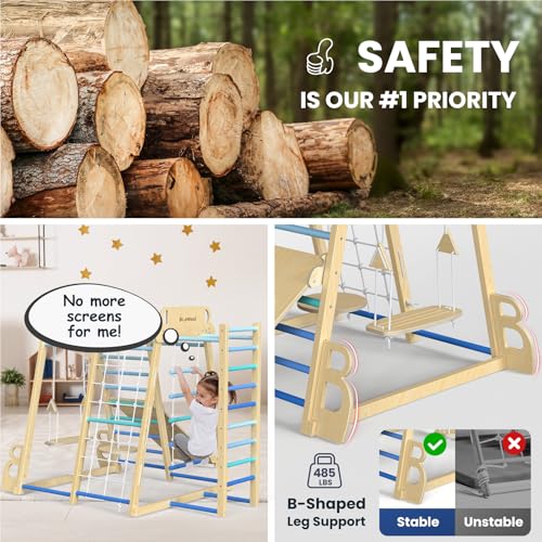 Upgraded Indoor Jungle Gym 9-in-1 Playground Kids Climbing Toys | Waldorf Style Wooden Climber Playset with Slide, Swing, Monkey Bars, Upright/Rope Ladder, Climb Net, Blue - color: Blue