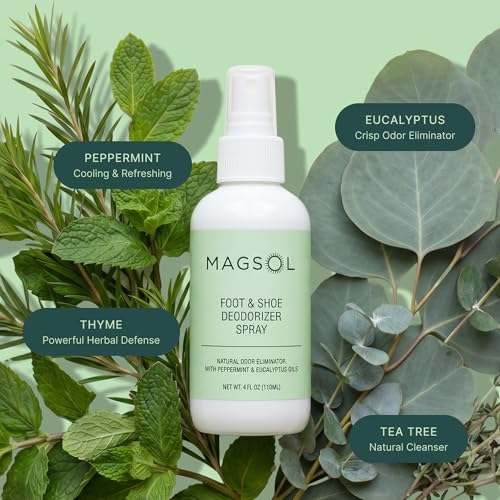 Magsol Natural Shoe Deodorizer & Foot Spray, Peppermint, Tea Tree & Eucalyptus Essential Oil Odor Eliminator for Sneakers, Work Boots & Gym Bags, Fast-Acting Foot Deodorant, 4 Fl Oz