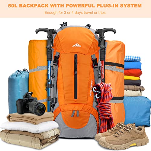 Loowoko 50L Hiking Backpack, Waterproof Camping Essentials Bag with Rain Cover, 45+5 Liter Lightweight Backpacking Back Pack - color: Orange