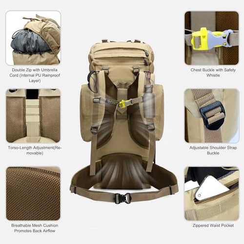 IX INOXTO 85L Lightweight Internal Frame Hiking Backpack for Men Women, Waterproof Travel Camping Backpack with Rain Cover (Khaki) - color: Khaki