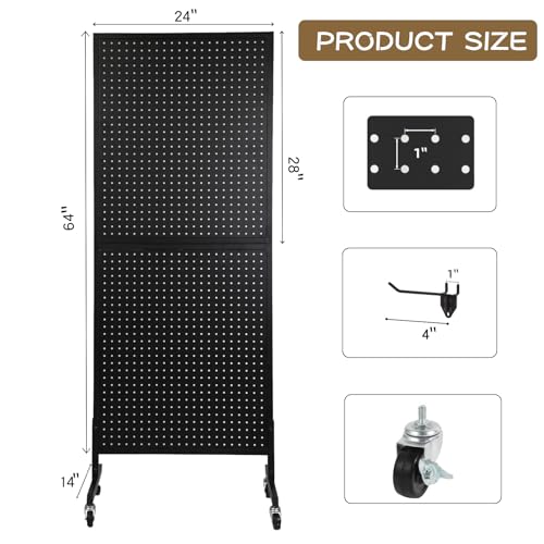 Eastern Tree Metal Pegboard Display Stand 2'x 5'with 30 Hooks, Pegboard Panels Display with Wheels, Peg Board Display Rack, Standing Pegboard Display- Black - color: Black