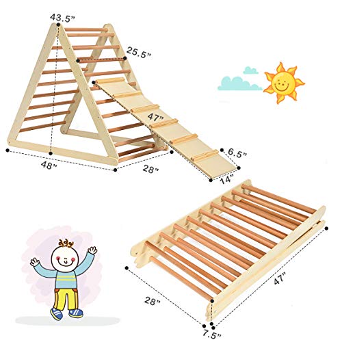 GLACER Wooden Climbing Triangle Ladder with Ramp, 2 in 1 Foldable Toddler Triangle Climber for Sliding & Climbing, Develop Strength, Balance and Motor Skills (Natural)